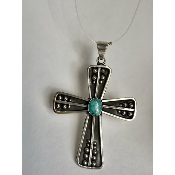 925 Sterling Silver Oxidized & Turquoise Cross Pendant - Picture 12 of 16